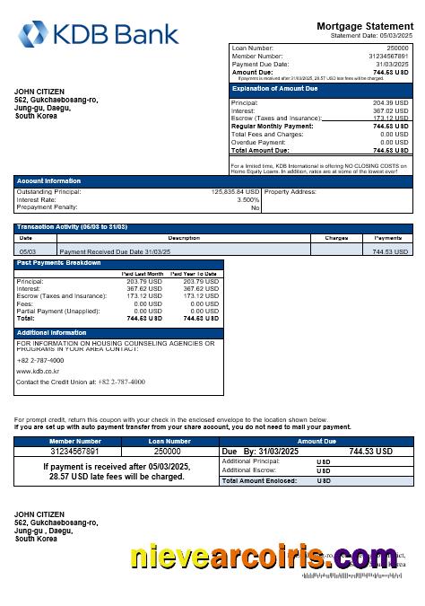 South Korea KDB bank mortgage statement